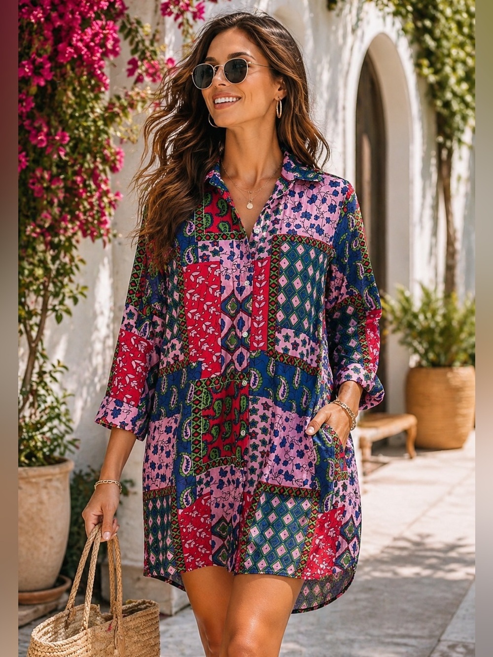 Patchwork Boho Shirt Dress Oversized Resort Mini Farm Rio Vibe Mary Marshmallow